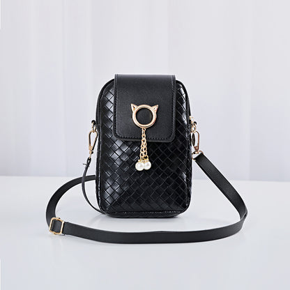 IELGY Cover type Tassel Mobile phone Woven Pearl Korean version Woman's bag Black One shoulder Diagonal