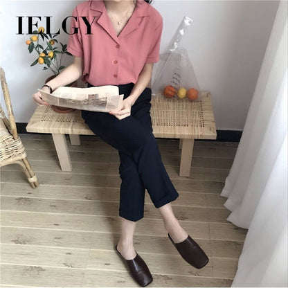 IELGY Women's Shirt Korean Temperament Chiffon Short Sleeve Loose Top