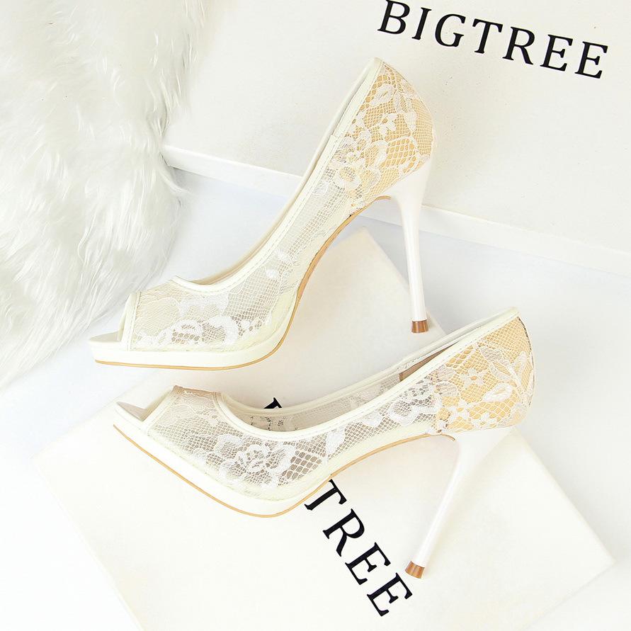 IELGY Fishbill High Heels Women's Shoes Sexy 9.5cm Stiletto Platform Mesh Hollow Lace
