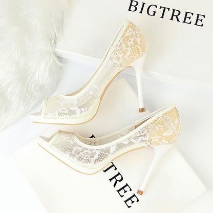 IELGY Fishbill High Heels Women's Shoes Sexy 9.5cm Stiletto Platform Mesh Hollow Lace