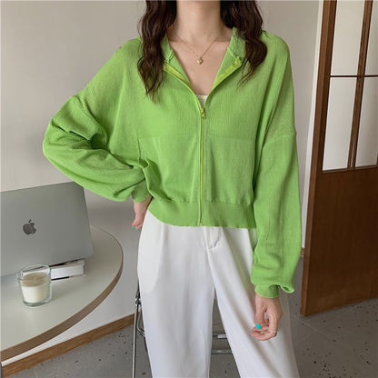 IELGY Fashion Hooded Sunscreen Zipper Breathable Thin Top Women Knitted Cardigan Long Sleeve