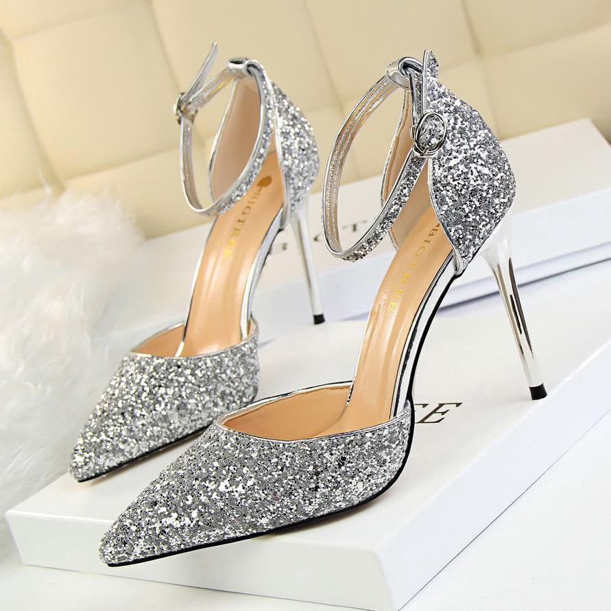 IELGY Stiletto heels shallow mouth pointed toe hollow sequins sexy nightclub was thin lady sandals