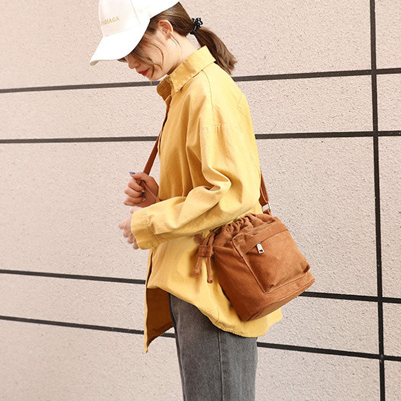 IELGY Korean version Women's bag multi-color optional large capacity canvas drawstring zipper crossbody bucket bag shoulder bag small cloth bag