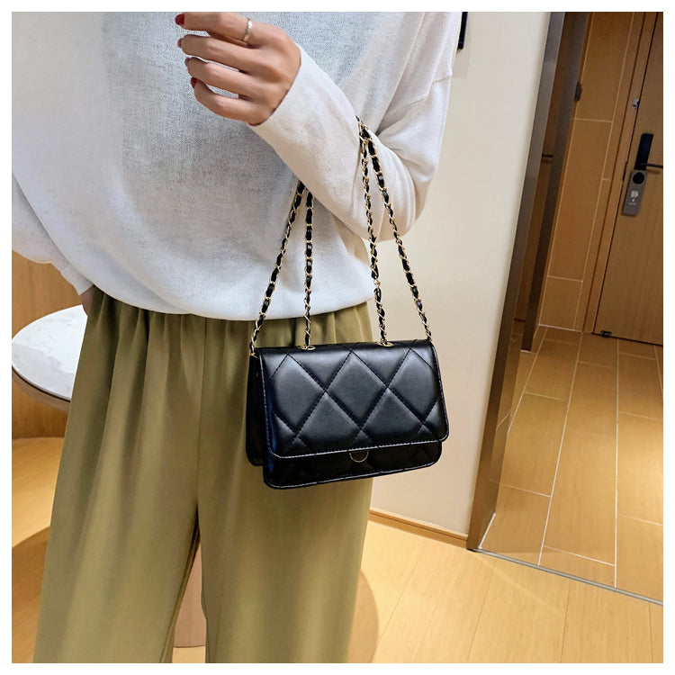 IELGY Women's bag fashion casual versatile chain rhombus PU crossbody black one shoulder