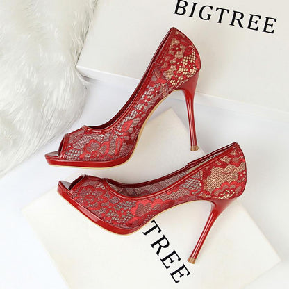IELGY Fishbill High Heels Women's Shoes Sexy 9.5cm Stiletto Platform Mesh Hollow Lace