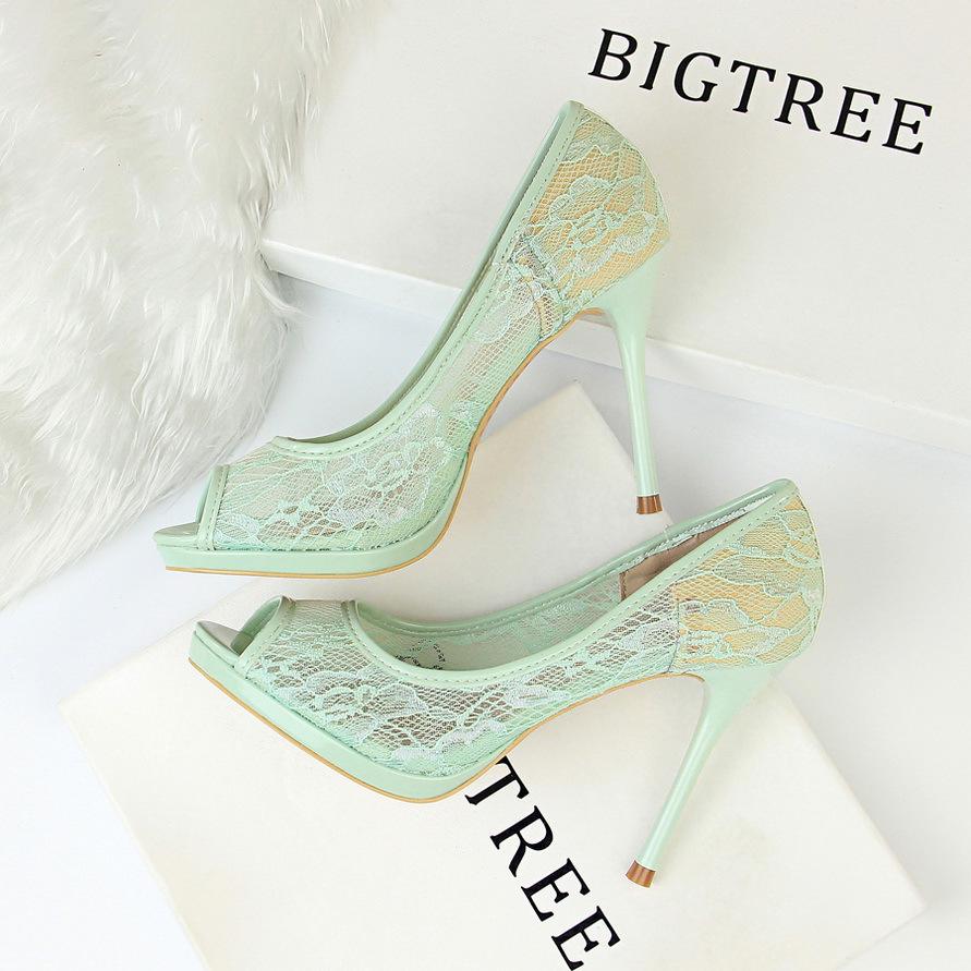 IELGY Fishbill High Heels Women's Shoes Sexy 9.5cm Stiletto Platform Mesh Hollow Lace
