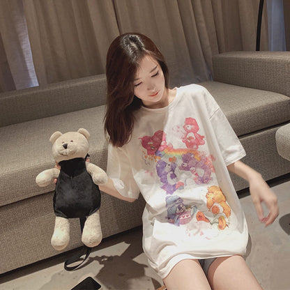 IELGY Women's clothes Blue Top Print Loose Short sleeve Bear T-shirt Casual Medium length