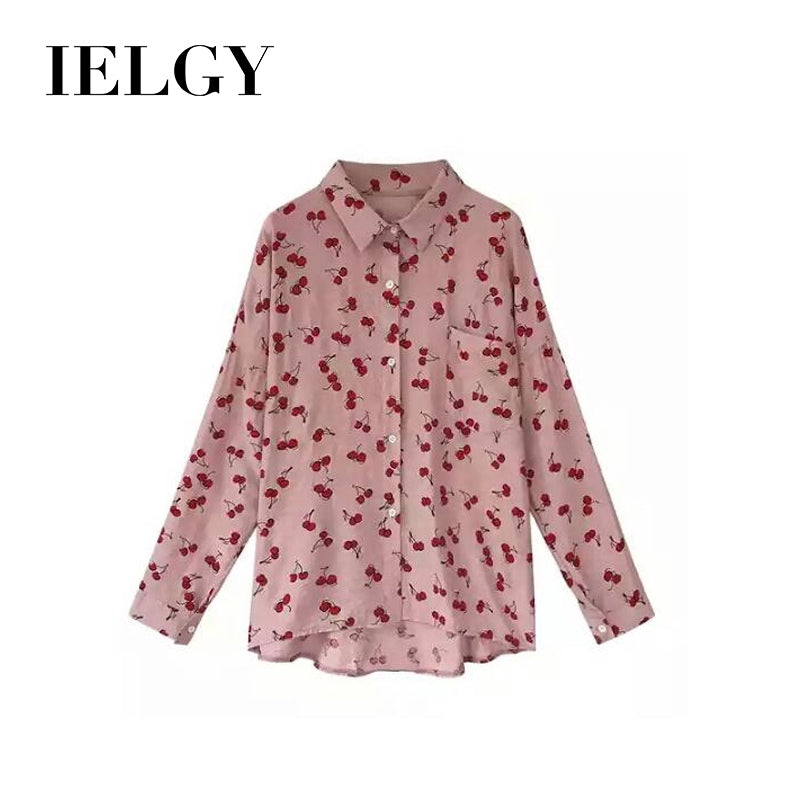 IELGY Long-sleeved shirt women's loose Korean sweet cherry print shirt bottoming shirt