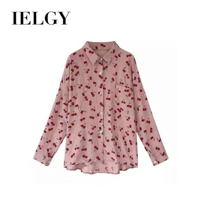 IELGY Long-sleeved shirt women's loose Korean sweet cherry print shirt bottoming shirt