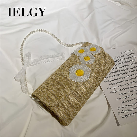 IELGY straw woven bag female fashion small daisy one shoulder messenger pearl chain bag