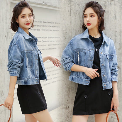 IELGY fashion denim jacket female port style short denim jacket loose bf all-match top