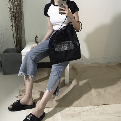 Grid handbag shopping bag hollow beach bag canvas net bag