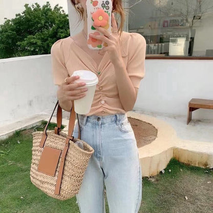 IELGY Retro V-neck knitted waist puff sleeve short top