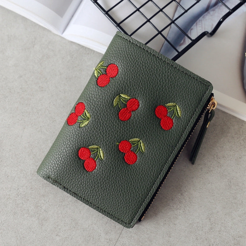 IELGY vertical cherry embroidery short ladies small wallet