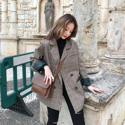 IELGY fashion small suit jacket women loose Korean retro plaid