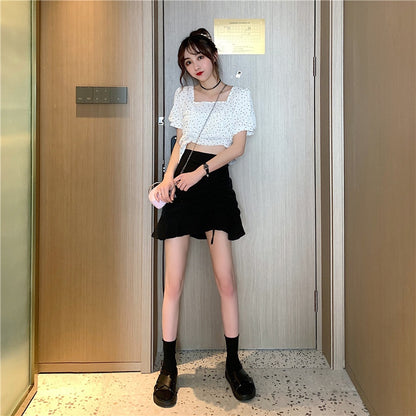 IELGY black short skirt summer high waist retro skirt design niche A-line thin skirt