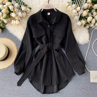 IELGY Women's clothes big pockets all-match V-neck tooling ties retro fashion shirts long sleeves