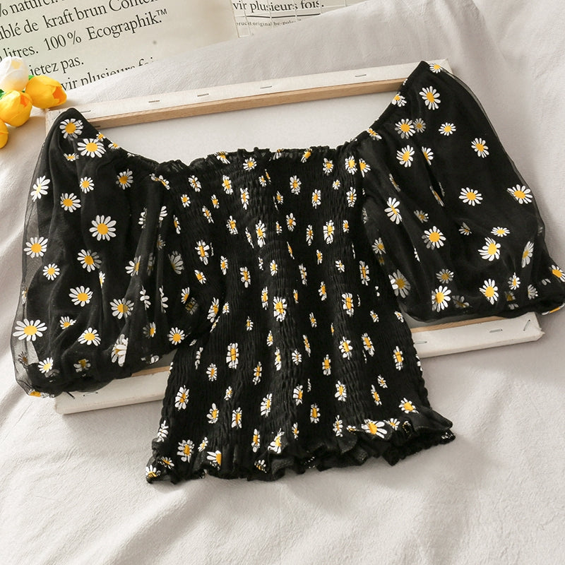 IELGY Little said chrysanthemum short sleeve women's puff sleeve shirt