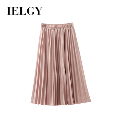 IELGY Temperament pleated skirt mid-length skirt elastic waist solid color wild skirt