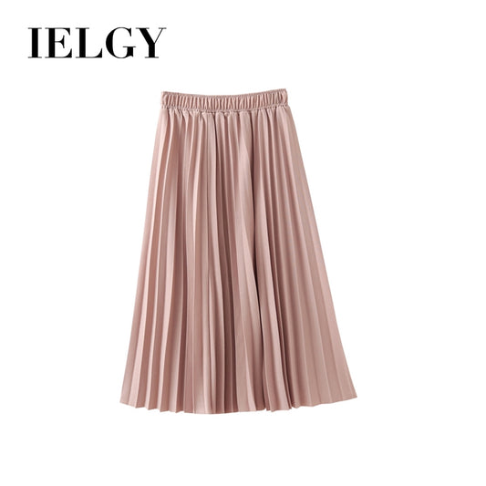 IELGY Temperament pleated skirt mid-length skirt elastic waist solid color wild skirt