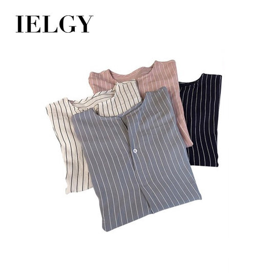 IELGY Leaked clavicle striped cropped sleeve top Han Fan student ins super fire shirt autumn