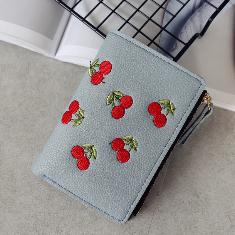 IELGY vertical cherry embroidery short ladies small wallet