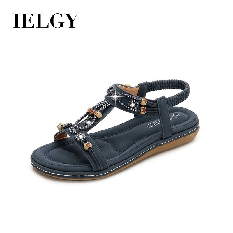IELGY [Size35-42] large size sandals women's casual word with round head flat beach shoes women
