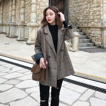 IELGY fashion small suit jacket women loose Korean retro plaid