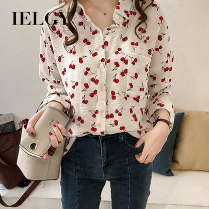 IELGY Long-sleeved shirt women's loose Korean sweet cherry print shirt bottoming shirt
