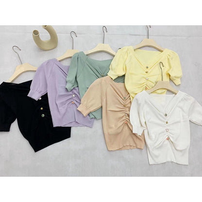 IELGY Retro V-neck knitted waist puff sleeve short top