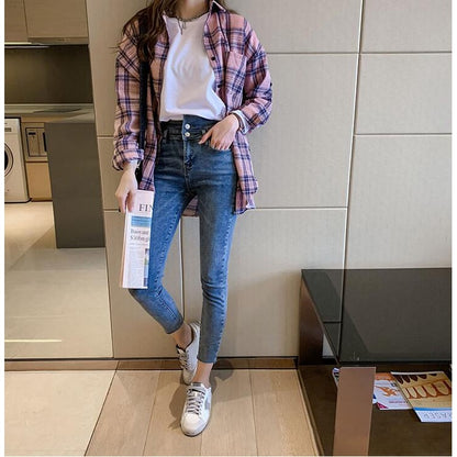 IELGY spring Korean style temperament long-sleeved plaid shirt women loose design blouse casual shirt