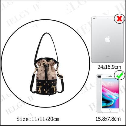 IELGY Women's bag bucket crossbody casual PU retro fashion rivet black all-match