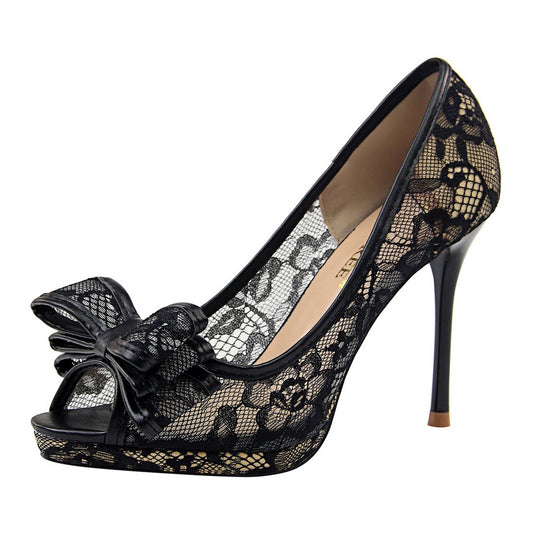 IELGY Fishtail High Heels Sexy Lace 9.5cm Stiletto Shallow Hollow Hollow Mesh Bow Women's Shoes
