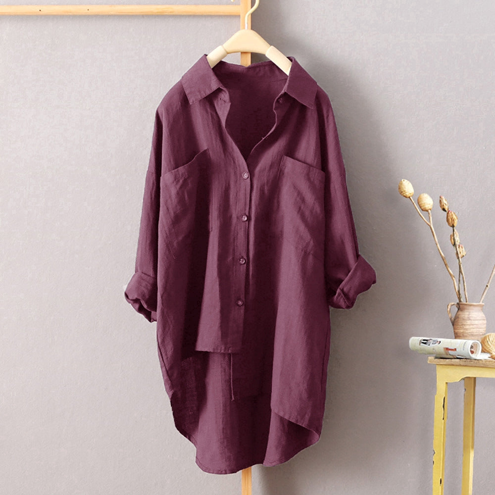 IELGY Casual style solid color shirt autumn wild new women's cardigan double pocket long sleeve temperament top