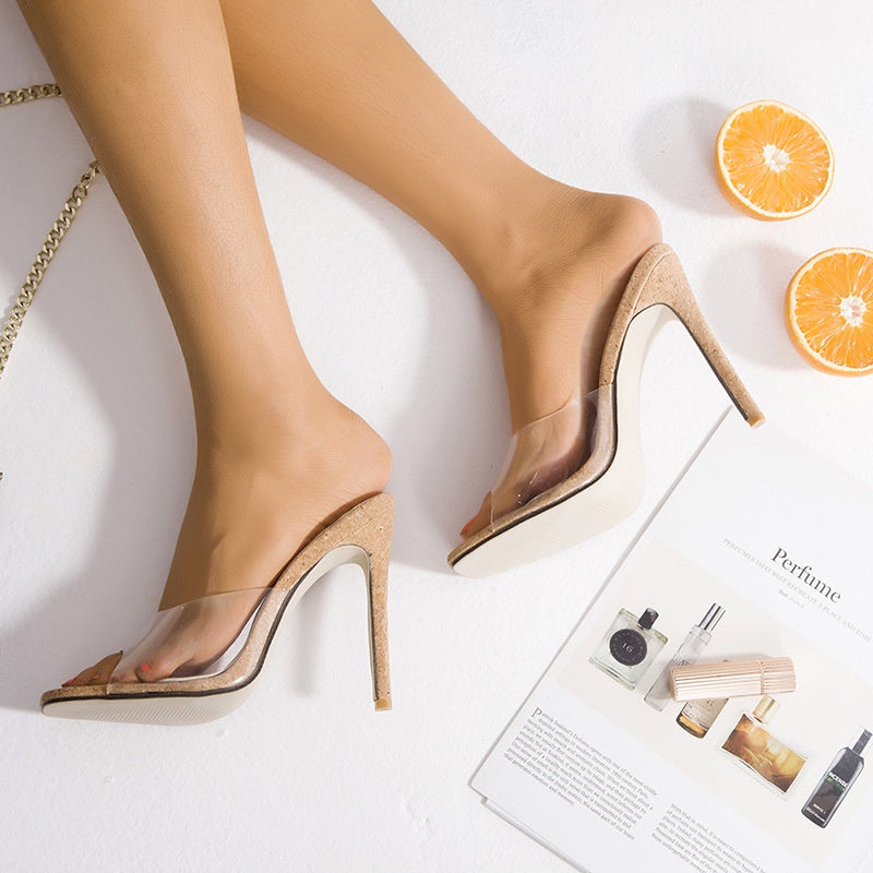IELGY Fashion European and American square head wood grain transparent high-heel sandals and slippers