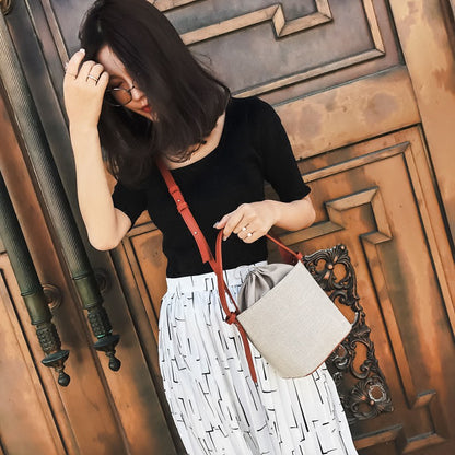 IELGY canvas  stitching bucket bag with handbag Fashion