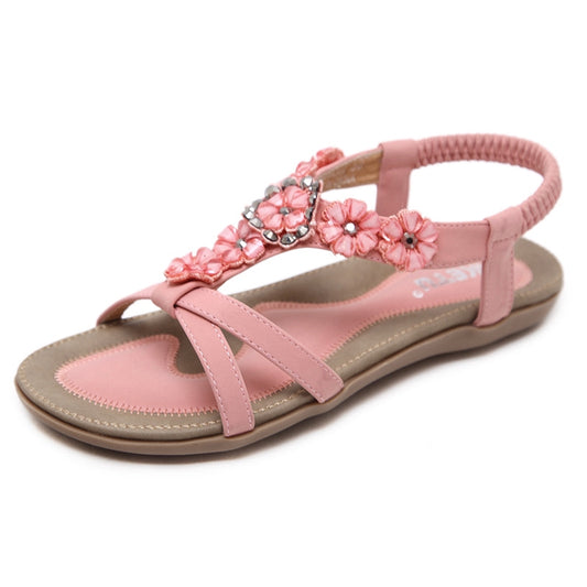 IELGY [Size35-42] Plus size beach shoes sweet bohemian flowers rhinestone casual flat sandals women