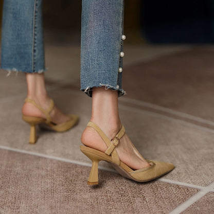 IELGY French mid-high heel toe cap sandals female buckle strap temperament stiletto pointed toe
