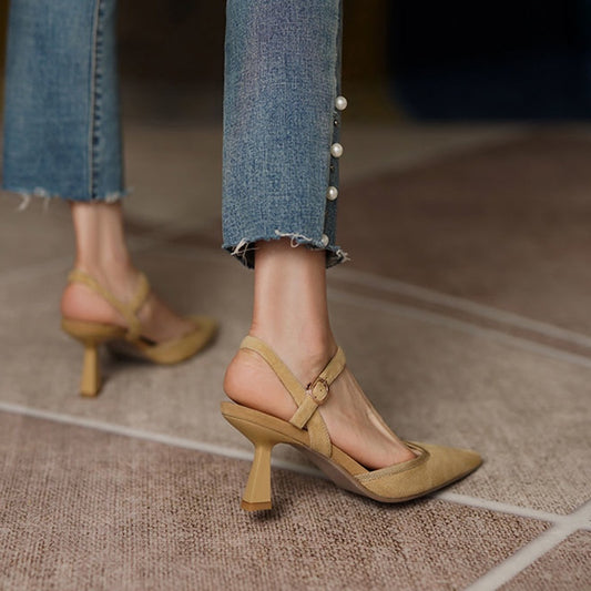 IELGY French mid-high heel toe cap sandals female buckle strap temperament stiletto pointed toe