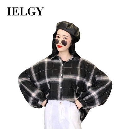 IELGY Korean Plaid Shirt Student Jacket Loose Lapel Long Sleeve Top