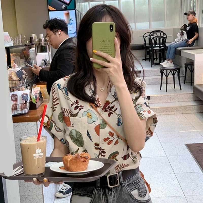 IELGY summer retro picnic print shirt blouse design loose temperament short-sleeved shirt