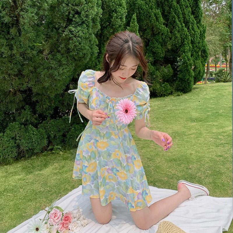 IELGY summer new style short-sleeved high-waisted a-line French square neck floral dress for women