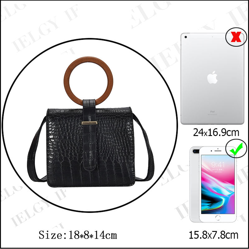 IELGY Women's bag one shoulder black crossbody square versatile casual crocodile pattern PU fashionable