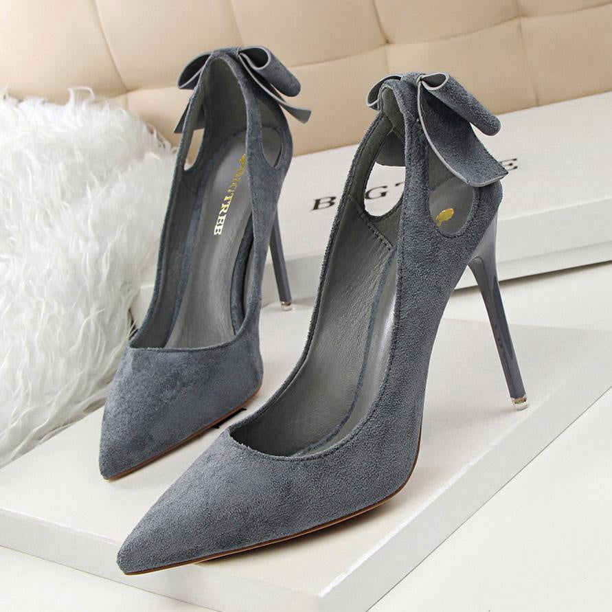 IELGY Suede High Heels Sweet 10.5cm Slim Heel Shallow Mouth Pierced Fashion Bow Women's Shoes