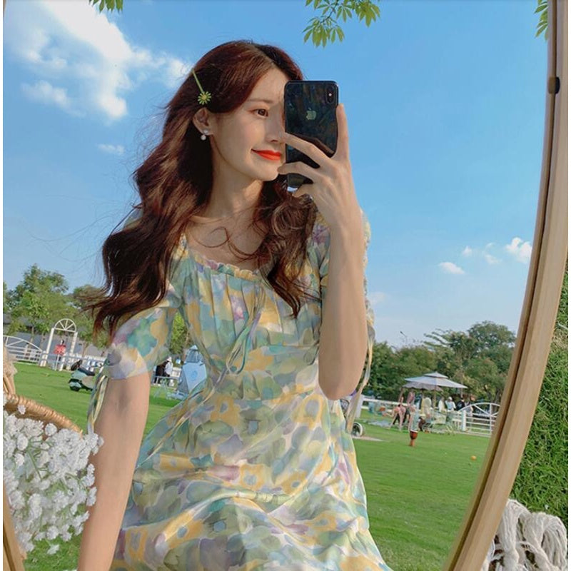 IELGY summer new style short-sleeved high-waisted a-line French square neck floral dress for women