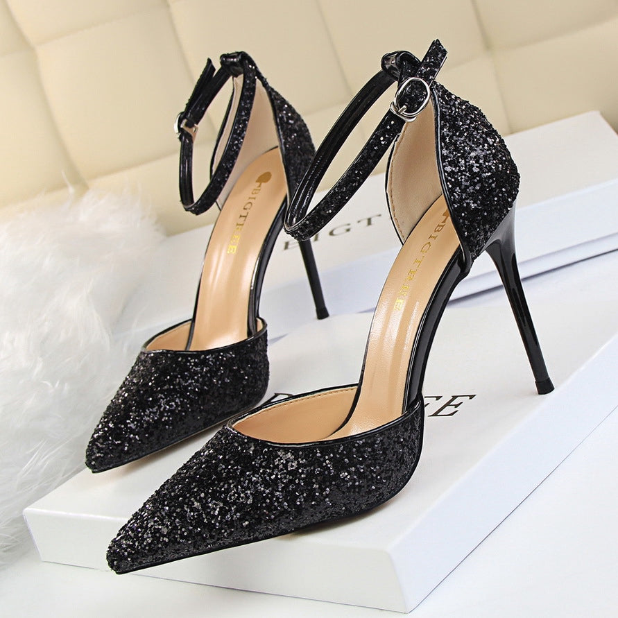 IELGY Stiletto heels shallow mouth pointed toe hollow sequins sexy nightclub was thin lady sandals