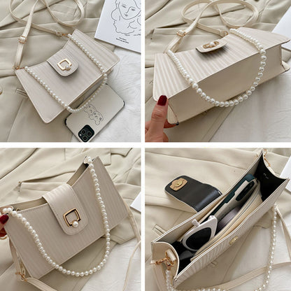 IELGY Women's bag casual square fashion crossbody one shoulder black PU versatile pearl