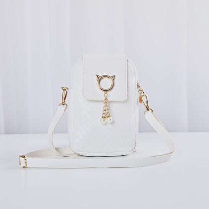IELGY Cover type Tassel Mobile phone Woven Pearl Korean version Woman's bag Black One shoulder Diagonal