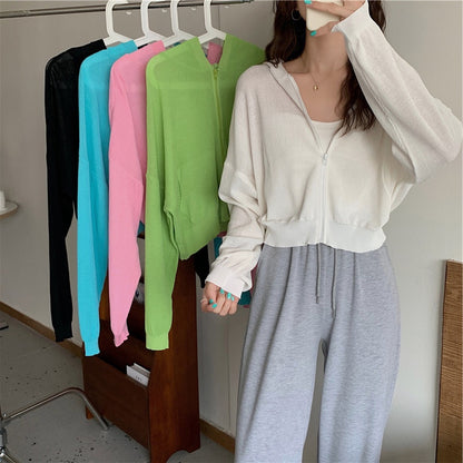 IELGY Fashion Hooded Sunscreen Zipper Breathable Thin Top Women Knitted Cardigan Long Sleeve