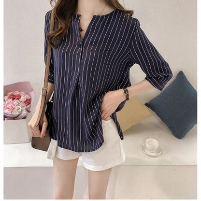IELGY Leaked clavicle striped cropped sleeve top Han Fan student ins super fire shirt autumn